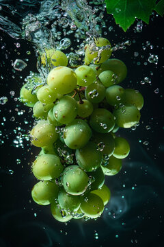 A bunch of ripe green grapes is captured at the moment as they are submerged and rinsed with splashing clear water, showcasing the freshness and cleanliness