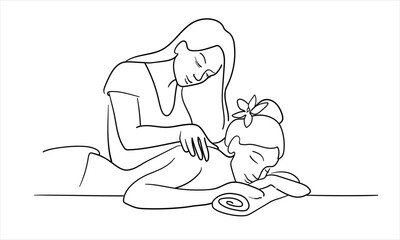 Girl giving massage isolated on white background. Relax line art drawing. Vector illustration