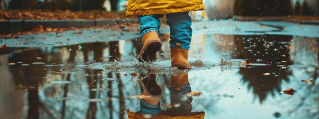 A child jumps in puddles. Selective focus.