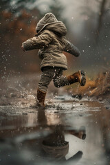 a child jumps through puddles. selective focus.