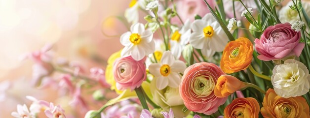 a big flower bouquet featuring ranunculus and narcissus, their colorful blooms bursting with freshness and charm.
