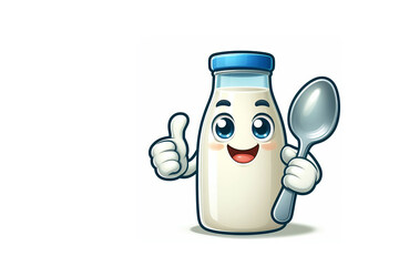 a cartoon bottle of milk holding a spoon in left hand, light smiling, big eyes, animated still, high key, - obrazy, fototapety, plakaty