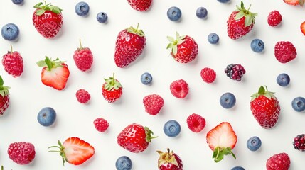 Assorted strawberries, raspberries, and blueberries on a clean white background. Ideal for food and...