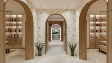 Luxury villa on the coast in the style of light-filled interiors, arched doorways.
