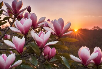 Close-up of a blooming magnolia branch against a sunrise or sunset background