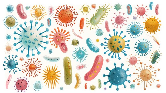 Micro-organisms disease-causing objects, such as bacteria and viruses, Coronaviruses, Infusoria, Streptococcus, fungi, protozoa are represented in flat style.