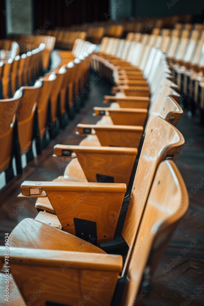 Poster rows of wooden chairs in a large auditorium. suitable for educational or conference concepts