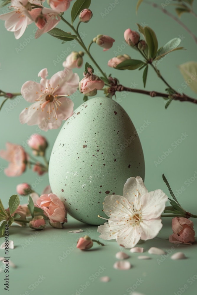 Aufkleber green egg resting on a table with colorful flowers, suitable for various concepts and designs