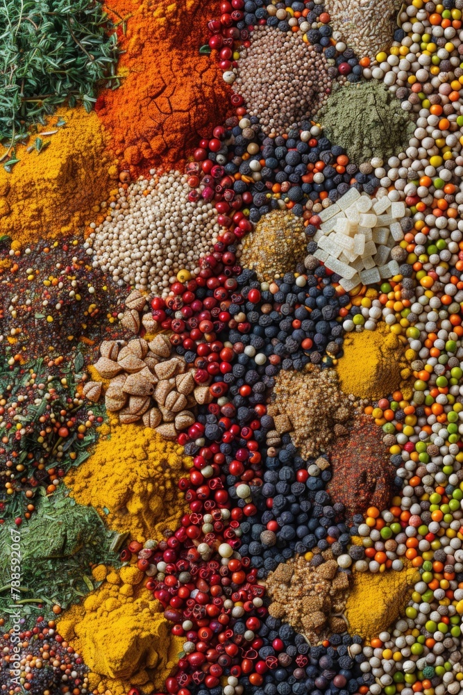 Poster assorted spices and nuts arranged on a table, ideal for food and nutrition concepts
