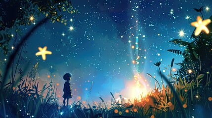 A child looks at the stars at night. Selective focus.