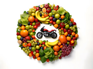 Fruit around motorcycle on white drop background