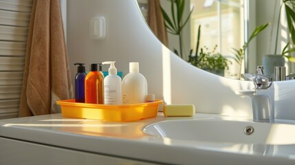 Bathroom sink with soap, shampoo, and soap bars. Ideal for hygiene and cleanliness concepts - obrazy, fototapety, plakaty