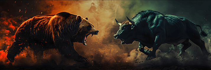 bear fight with bull crypto trading symbol background for web copy space