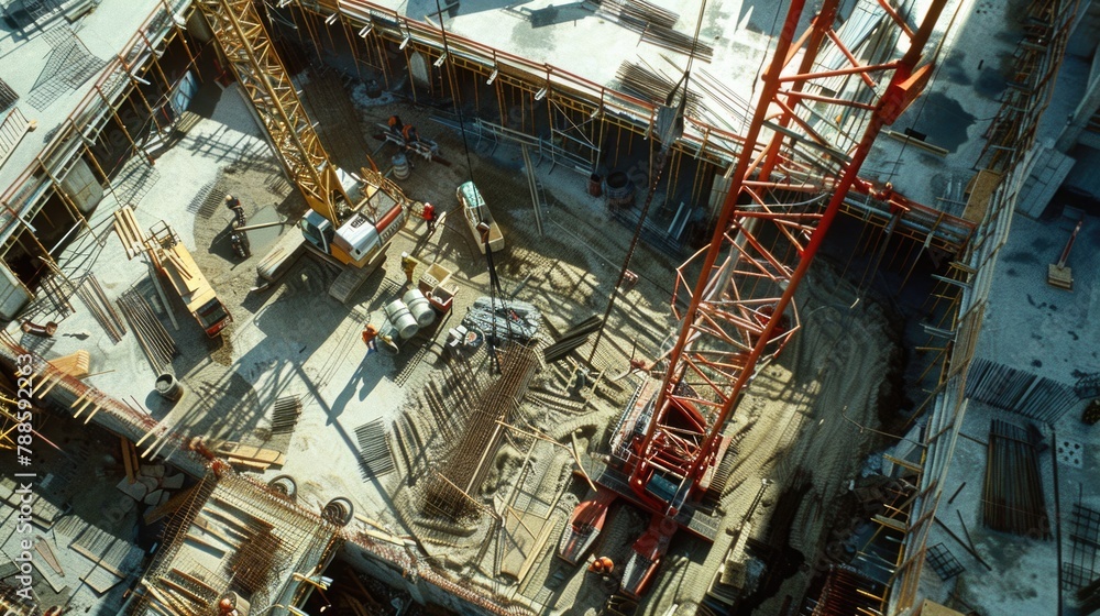 Poster a construction site with a crane and a building under construction. suitable for construction indust