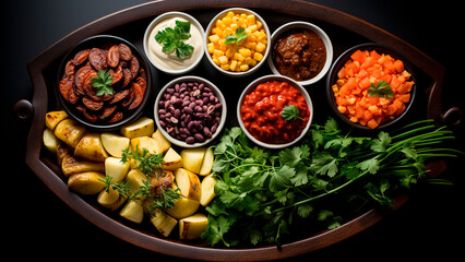 Gourmet Platter with Creamy Sauce, Mixed Vegetables, and Fresh Herbs. Healthy food.