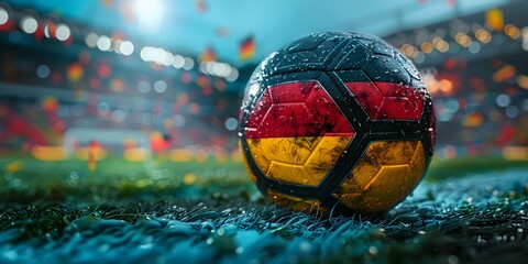 Fototapeta premium Close up of football ball in black,red,yellow, german flag colors on the grass of stadium field background. Football europe championship in Germany wide banner concept with copy space.