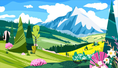 Spring landscape scene with fir trees forest and blooming bush near rocky mountains. Cartoon Vector nature scenery illustration