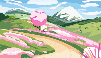 Blossom tree and road in foreground, mountains in background. Landscape nature scenery vector illustration with greenery, flowers, and clouds in the sky