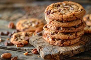 Delicious cookies arranged neatly on a rustic wooden cutting board, perfect for food blogs or baking websites - Powered by Adobe