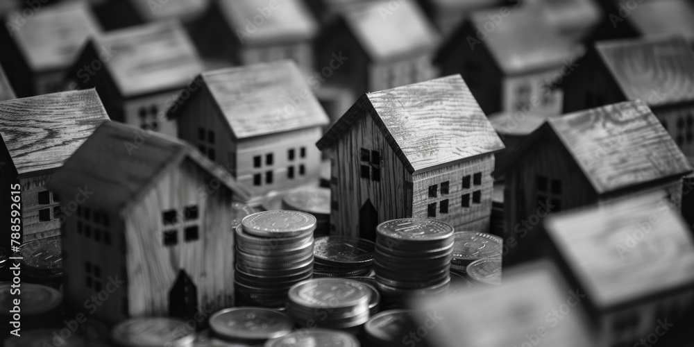 Poster a cluster of tiny wooden houses on a stack of coins. ideal for financial concepts