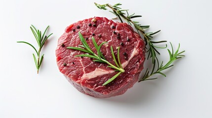 A piece of steak garnished with a sprig of fresh rosemary. Perfect for food blogs and restaurant menus - obrazy, fototapety, plakaty