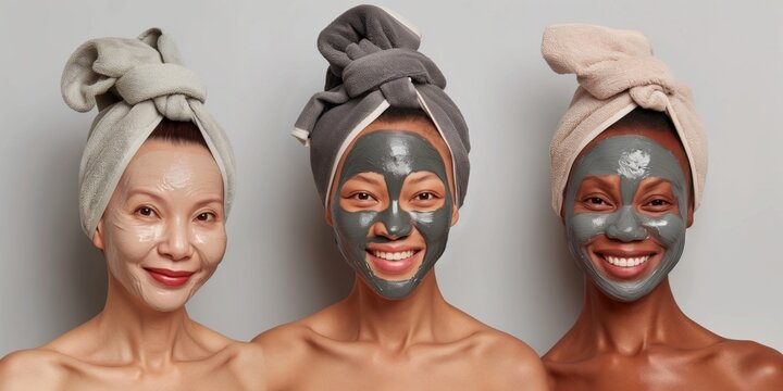 Multiethnic smiling women with facial masks enjoying a spa day