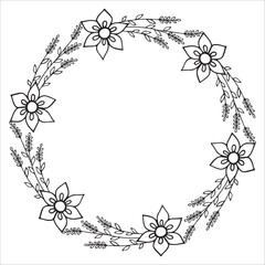 Floral wreath isolated on white background. Round frame with flowers. Vector hand-drawn illustration in doodle style. Perfect for cards, invitations, decorations, logo, various designs.