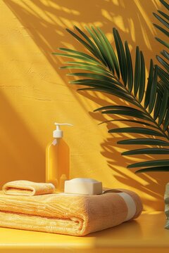 no plant,3d illustration of an orange bathroom with a soap bottle, towel, soap and a plant, in the style of kodak gold, softly organic, using realistic 3D rendering style, minimal retouching, yellow,