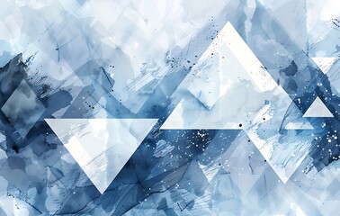 Abstract blue watercolor background with geometric shapes, triangle and diamond patterns for design of banner or poster.