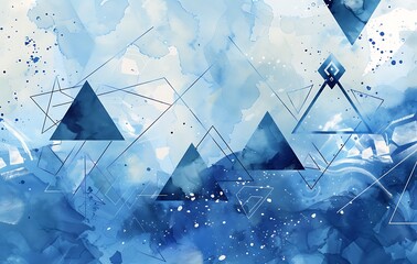 Abstract blue watercolor background with geometric shapes, triangle and diamond patterns for design...