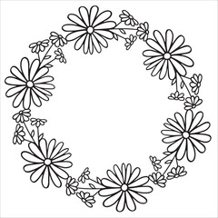Fototapeta na wymiar Chamomile wreath . Floral round frame. Vector illustration with place for text. Invitation, Black linear drawing on white background