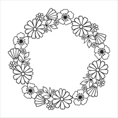 Floral wreath isolated on white background. Round frame with flowers. Vector hand-drawn illustration in doodle style. Perfect for cards, invitations, decorations, logo, various designs.