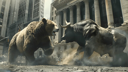 bears fight bulls in front of crypto trading stock exchange