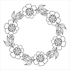 Floral wreath isolated on white background. Round frame with flowers. Vector hand-drawn illustration in doodle style. Perfect for cards, invitations, decorations, logo, various designs.