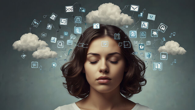 Social media addiction and mind clutter with social media concept with woman's head is in a cloud, Disturbed mind, eyes closed, thinking