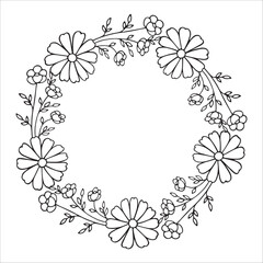 Floral wreath isolated on white background. Round frame with flowers. Vector hand-drawn illustration in doodle style. Perfect for cards, invitations, decorations, logo, various designs.