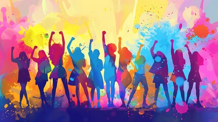 A vibrant digital illustration of women's day, showcasing diverse female figures standing together with raised fists in celebration and power., colorful background, colorful splashes
