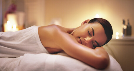 Spa, treatment and massage for woman client, body and service for stress relief. Pamper, beauty and...