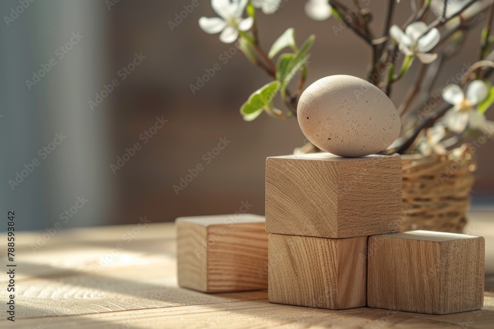 Poster A wooden block with an egg on top. Suitable for various concepts