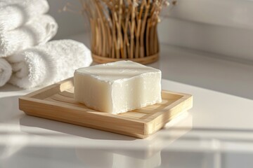 A piece of soap on a rustic wooden tray. Ideal for bathroom or spa concepts