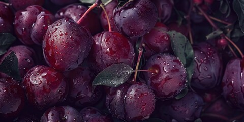 Close up of a bunch of fresh plums, perfect for food and nutrition concepts - obrazy, fototapety, plakaty