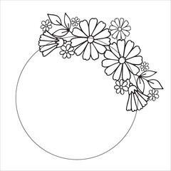 Floral round frame. Minimalistic botanical borders with plant branches.  Vector illustration with place for text. Black linear drawing on white background