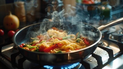 A frying pan filled with delicious noodles and colorful vegetables. Perfect for food and cooking concepts