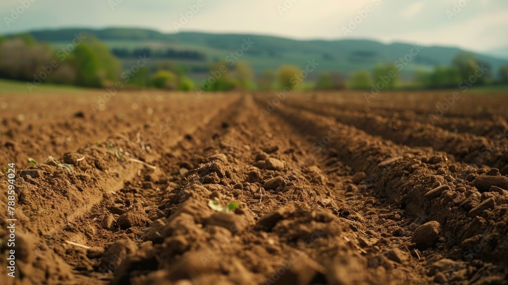 Poster a scenic view of a plowed field with a majestic mountain in the background. suitable for nature and 