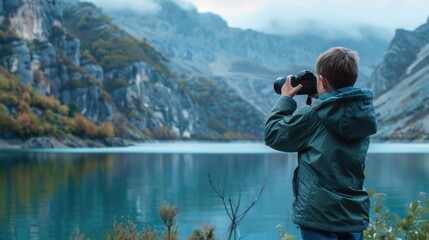 A man taking a picture of a serene mountain lake. Ideal for travel websites and blogs