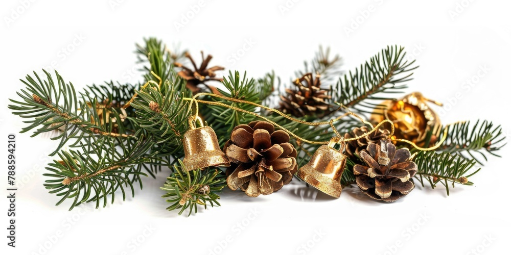 Poster Pine cones resting on a pine tree branch. Suitable for nature and winter themes