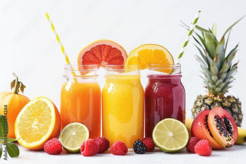 Poster assorted fruits and juices displayed together. ideal for food and beverage concepts