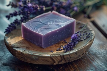 Purple soap on a wooden plate, perfect for spa and relaxation concepts