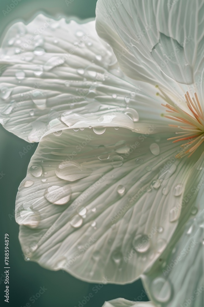 Poster Close up of a white flower with water droplets. Perfect for nature and beauty concepts