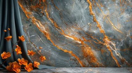 A classic marble backdrop in charcoal with bold gold veins and a touch of black silk.  - obrazy, fototapety, plakaty